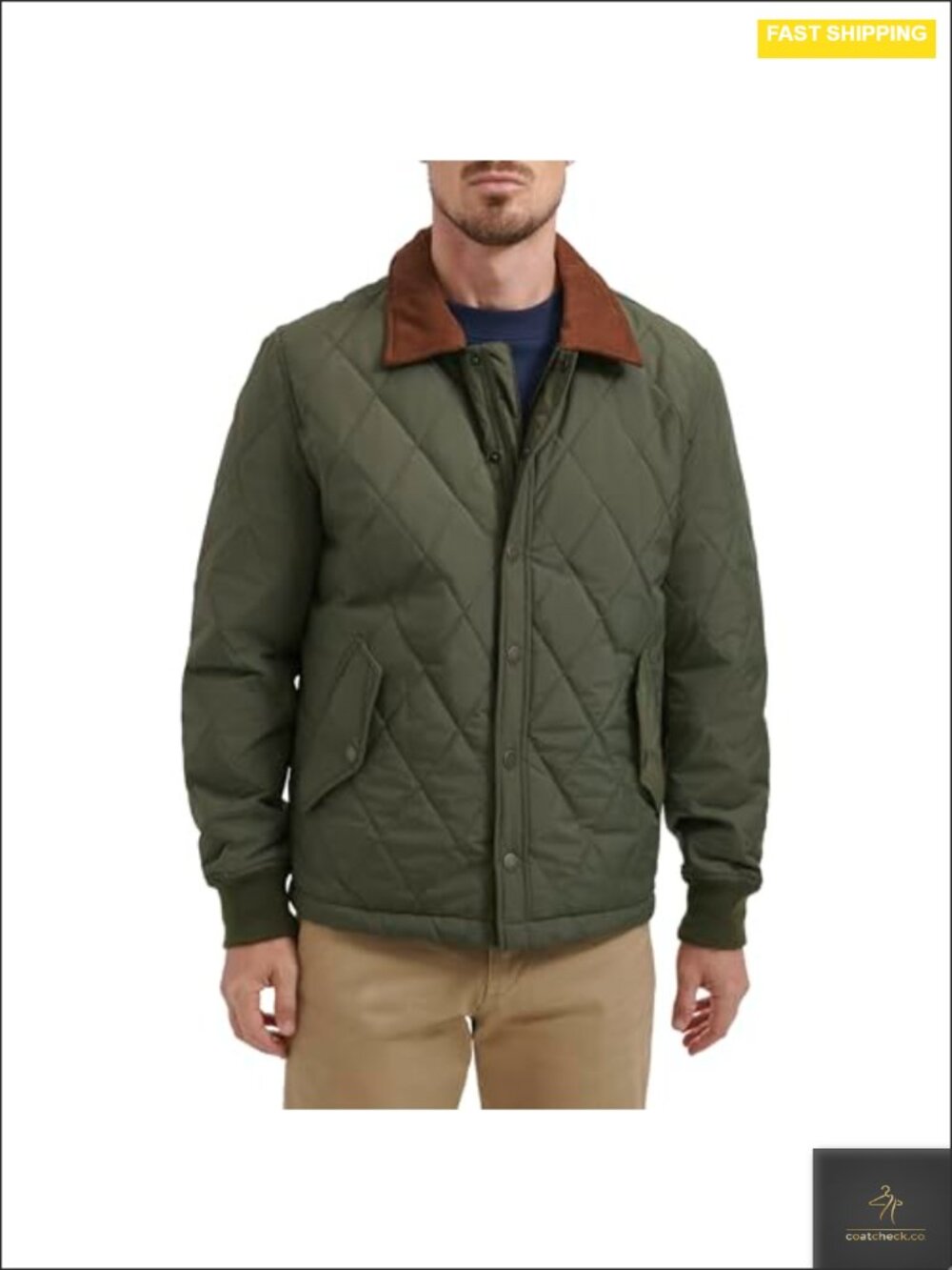 Men's Quilted Jacket with Corduroy Collar, Diamond Stitching, Snap & Zip
